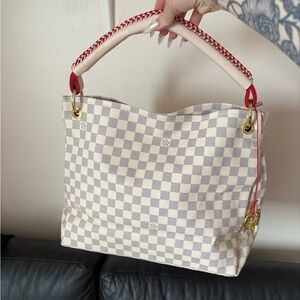 Cream Checkered Canvas Tote with Pink Accents